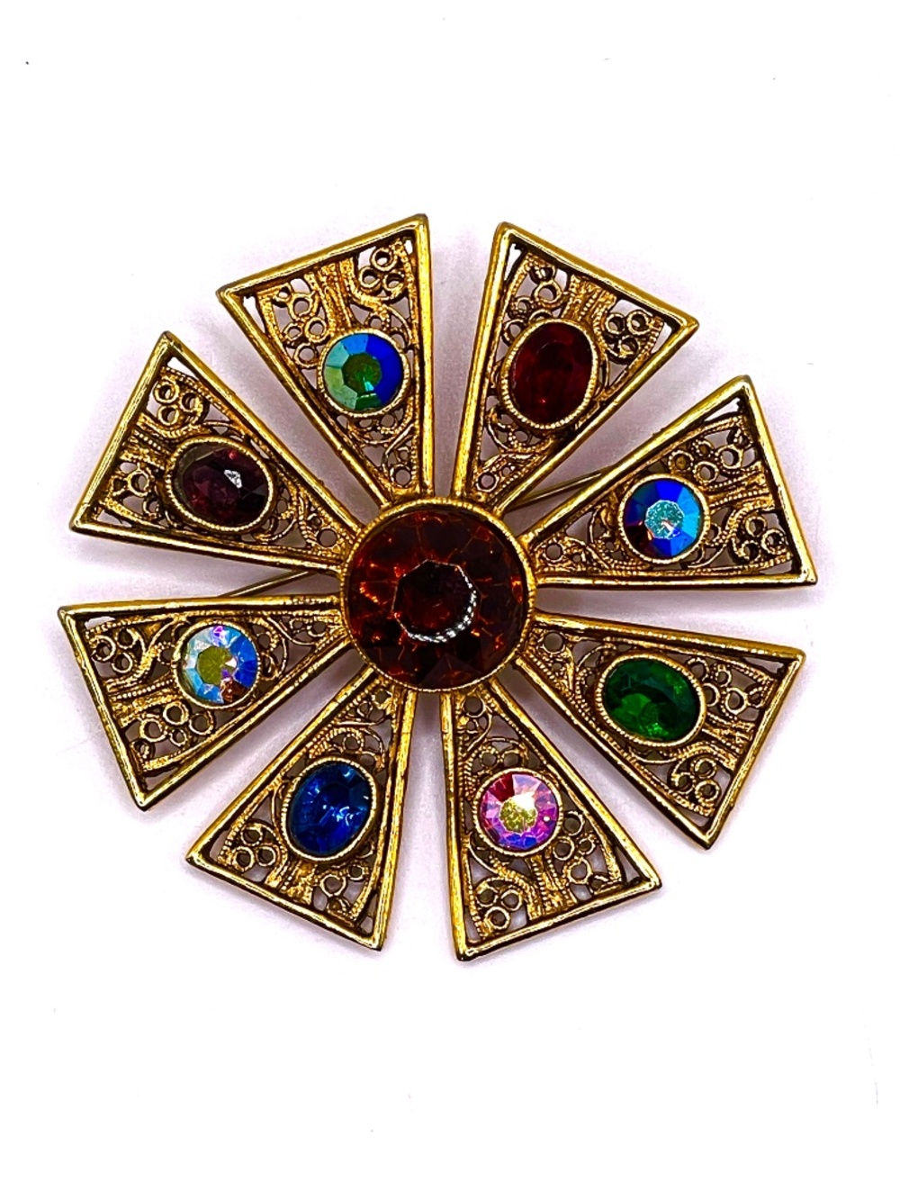 Vintage Starburst Pinwheel Filigree Brooch Pin